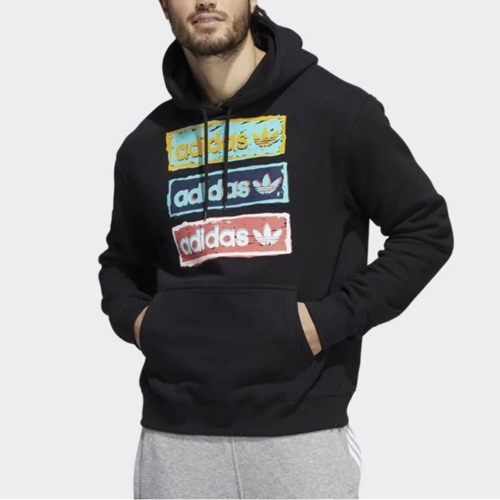 adidas Black Hoodie with Yellow Blue Red Logo Blocks